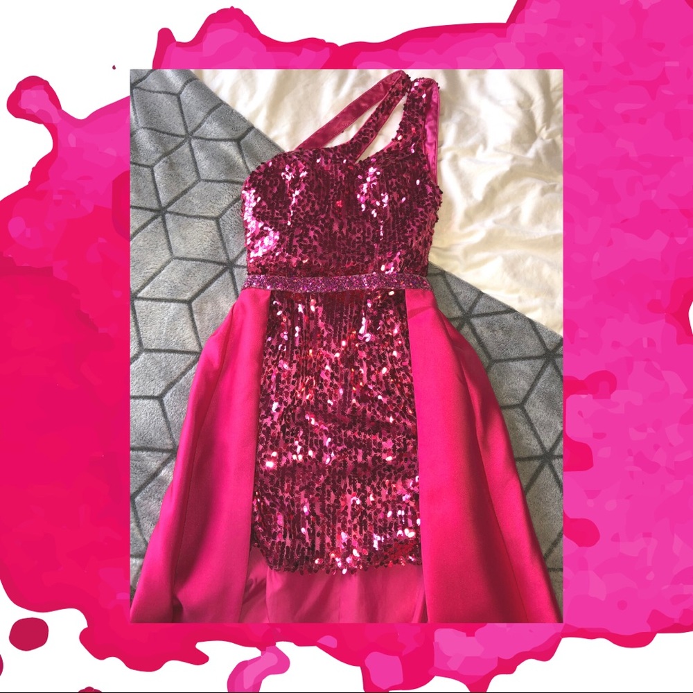 Hot Pink Sequin Mini Dress with Overskirt